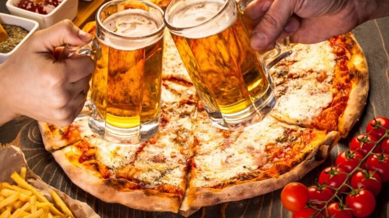 People Crafting Beer with Italian Pizza